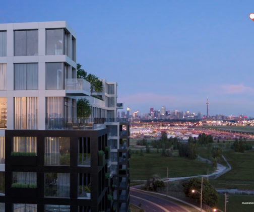Artist rendering of WestLine Condos building exterior looking to the Toronto City skyline